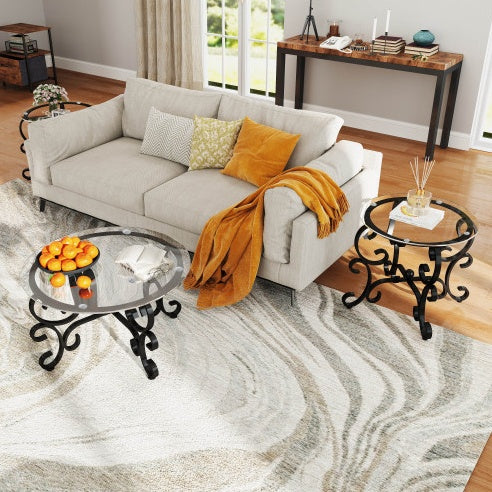 Glass Round Coffee Table Black Tempered Set