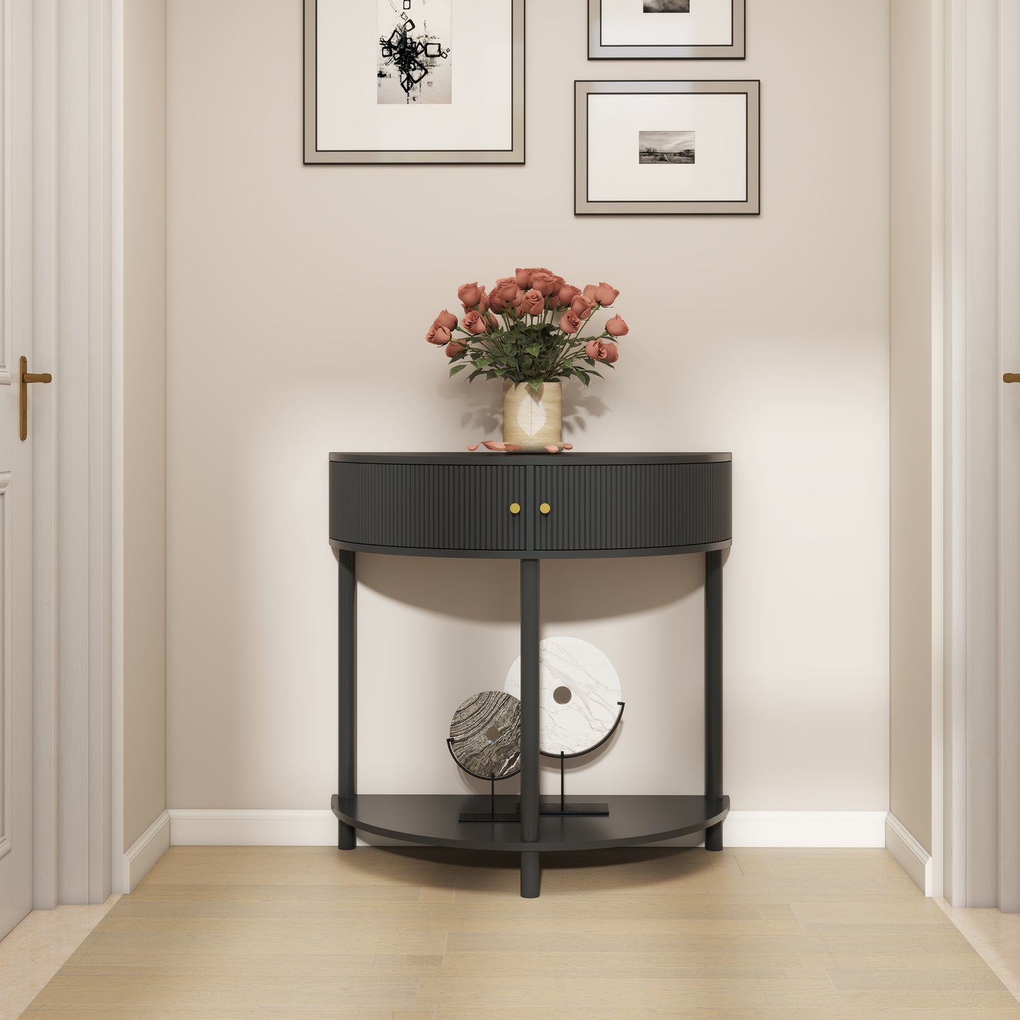 Artisan-Crafted Wave-Pattern Demi-Lune Console Table With Dark Gray Finish,Unique Half Moon Design End Table With 2 Storage Drawers And Bottom Shelf For Living Room, Bedroom, Study, Hallway