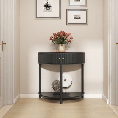 Artisan-Crafted Wave-Pattern Demi-Lune Console Table With Dark Gray Finish,Unique Half Moon Design End Table With 2 Storage Drawers And Bottom Shelf For Living Room, Bedroom, Study, Hallway