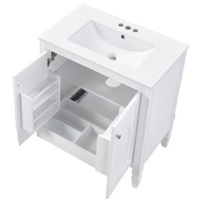 30 No Assembly Needed Vintage White Bathroom Vanity With Ceramic Sink,Two Soft Close Doors  Adjustable Shelf,Modern Farmhouse Style