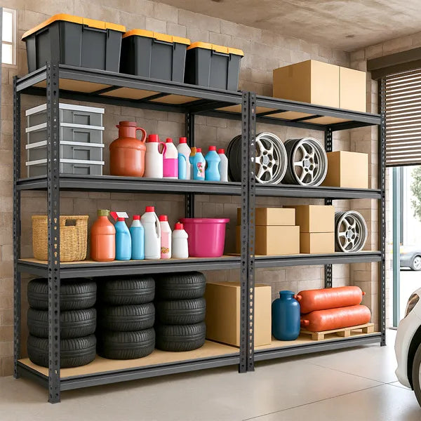 4-layer Adjustable Shelf Spacing, Gourd-shaped Perforation, Rubber Mallet With Gloves, Display Rack, Iron, 122*45*153.5cm, Black Iron, Natural Wood-colored MDF