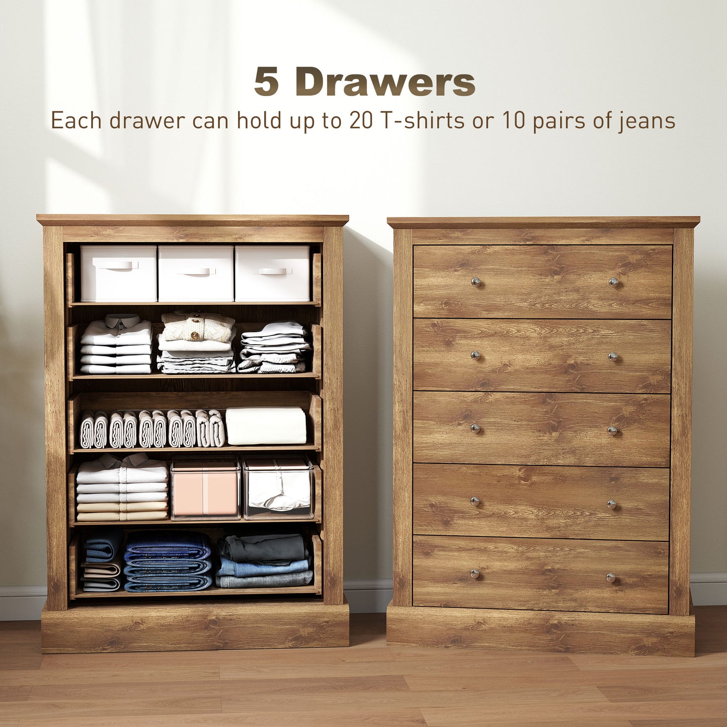 31 Wide Farmhouse Chest Of Drawers With 5 Drawers, Dresser For Bedroom With Wood Top For Living Room, Brown
