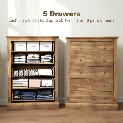 31 Wide Farmhouse Chest Of Drawers With 5 Drawers, Dresser For Bedroom With Wood Top For Living Room, Brown