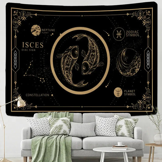 Black and gold pisces constellation tarot tapestry with intricate celestial designs for decorbites constellation tarot decor