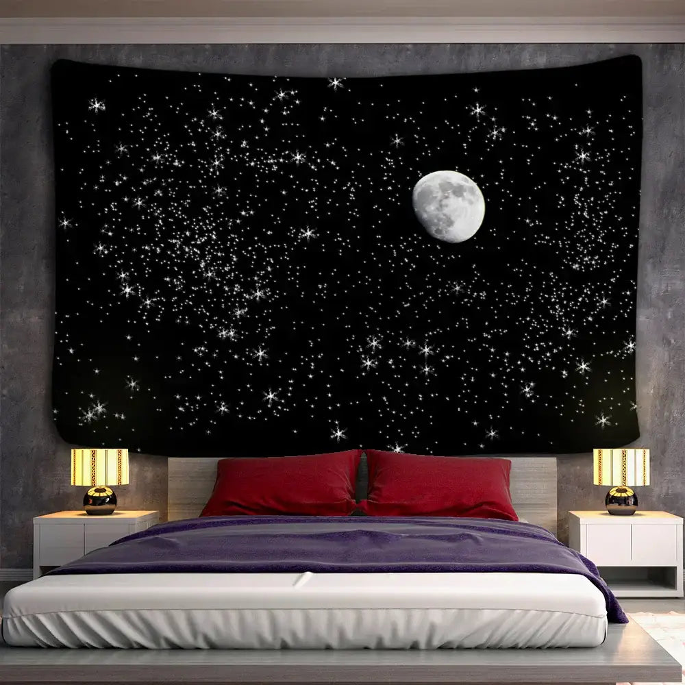 Celestial black starry night tapestry with crescent moon and white stars mandala hanging above a bed wall decor