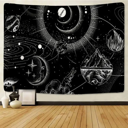 Celestial black and white stars mandala tapestry featuring intricate planets moons hand gesture flames eye for bedroom wall decor