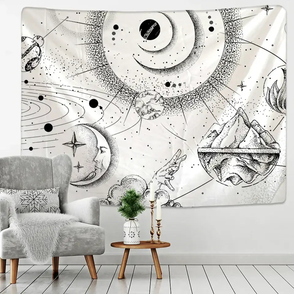 Black and white celestial stars mandala tapestry featuring intricate dotwork of planets moons white stars and a hand reaching