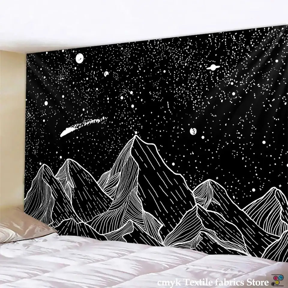 Celestial black and white stars mandala tapestry featuring stylized mountain peaks under white stars for bedroom decor