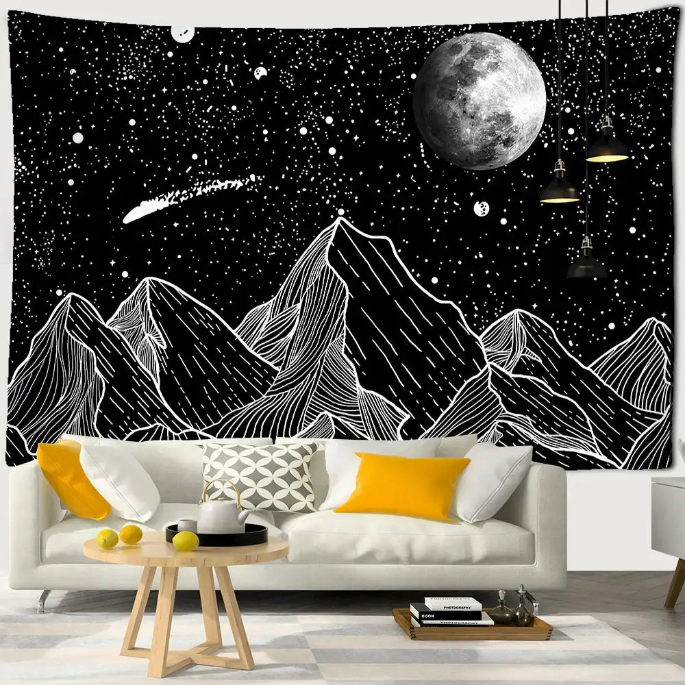 Celestial black and white stars mandala tapestry featuring detailed moon white stars and stylized mountain range wall decor