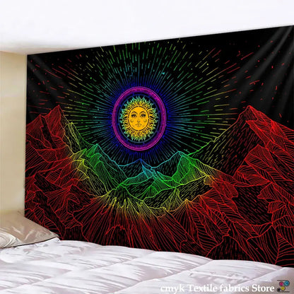 Vibrant rainbow sun tapestry with neon mountain outlines on black fabric ideal for stars mandala tapestry decor