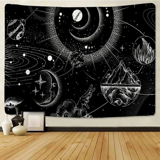 Celestial black and white stars mandala tapestry featuring intricate planets moons flames and eye for bedroom wall decor