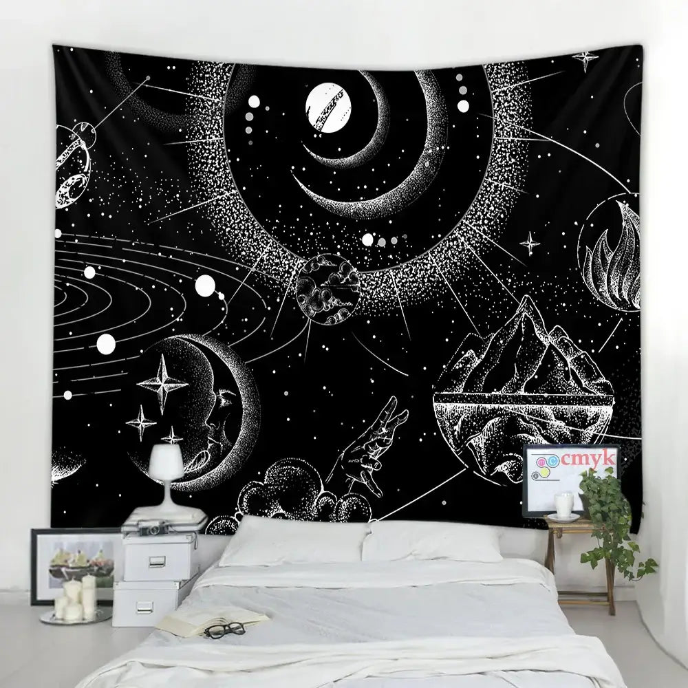Celestial black and white stars mandala tapestry featuring intricate white stars mandala line art for bedroom wall decor