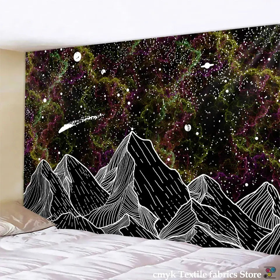 Celestial black and white stars mandala tapestry with stylized mountain peaks and vibrant galaxy backdrop for bedroom decor