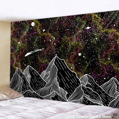 Celestial black and white stars mandala tapestry with stylized mountain peaks and vibrant galaxy backdrop for bedroom decor