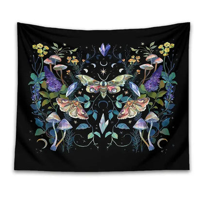 Black celestial botanical tapestry wall hanging featuring colorful moths mushrooms flowers and crystals for bedroom decor