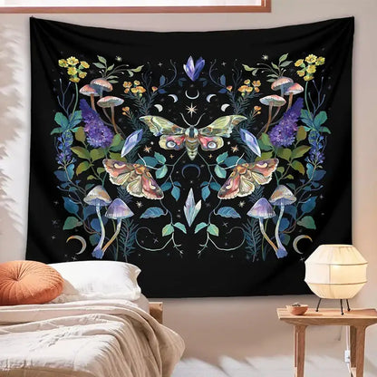 Black celestial botanical tapestry wall hanging with colorful moths mushrooms and mystical botanical decor for bedroom