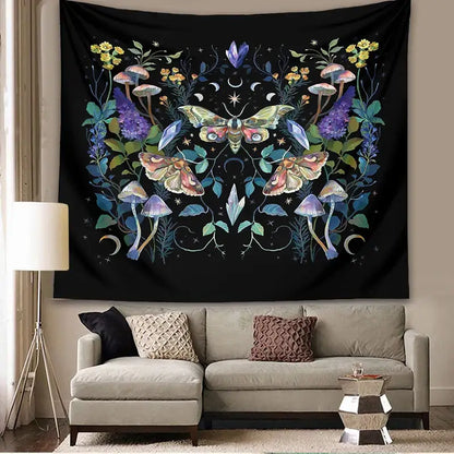 A decorbites celestial botanical tapestry wall hanging with colorful moths mushrooms and floral patterns on black fabric