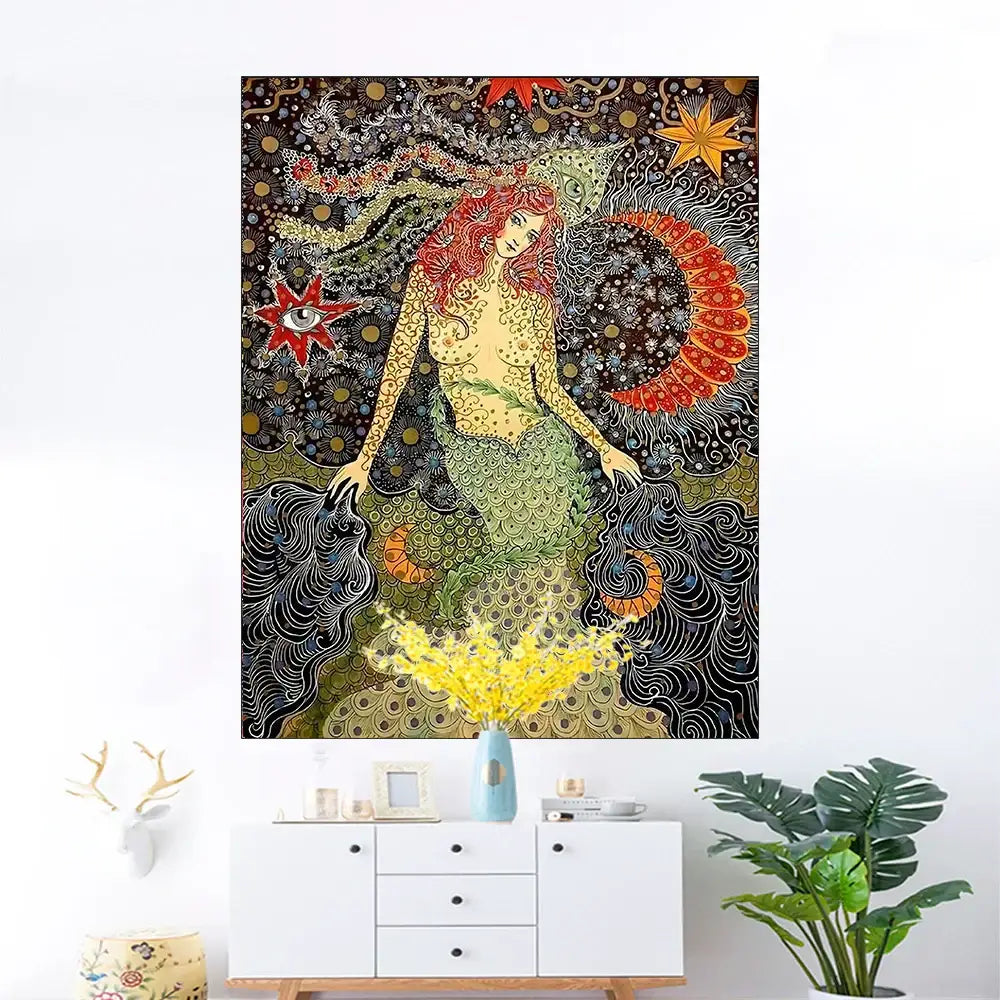 Vibrant celestial floral wall hanging tapestry featuring a red-haired mermaid with green scales for bedroom decorbites decor