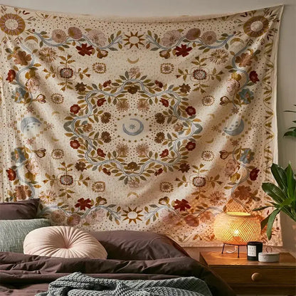 A cream-colored decorbites celestial floral tapestry with moon phase suns moons and vines for bedroom wall decor