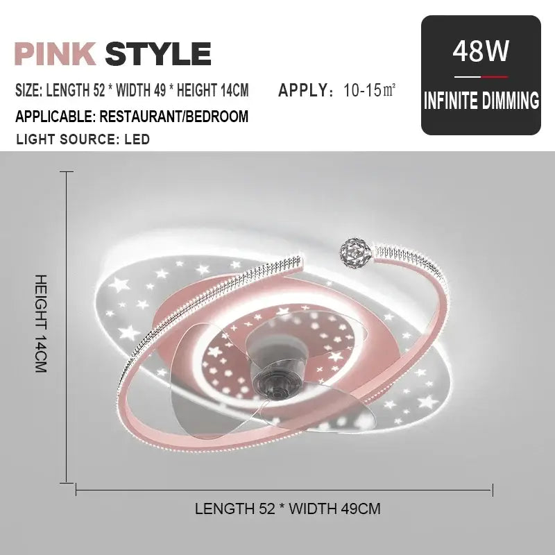 Pink led celestial golden starlight ceiling fan light with galaxy-inspired swirling rings and sparkling stars decorbites ceiling fan