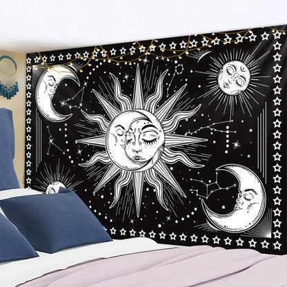 Black and white wall hanging decorbites celestial mandala featuring sun moon phases and stars for hippie bedroom decor