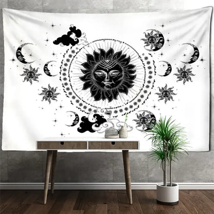 Black and white celestial mandala hippie wall hanging featuring sun with face surrounded by moons stars and clouds decorbites celestial mandala decor