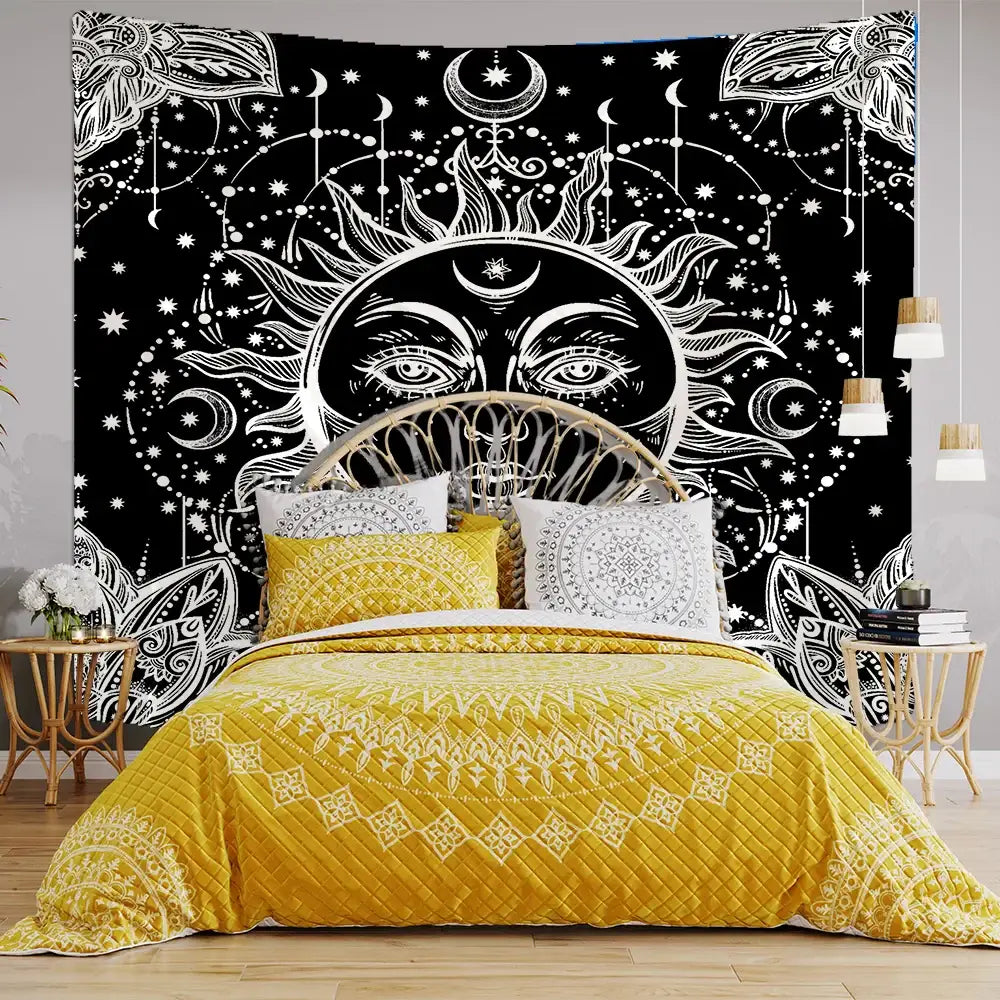 Black and white celestial mandala tapestry wall hanging featuring sun with eyes moons stars for decorbites celestial mandala decor