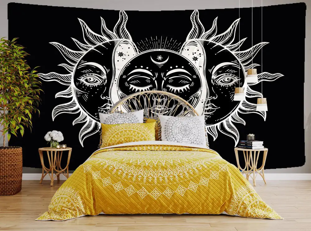 Black and white celestial mandala tapestry wall hanging featuring intricate sun and moon faces for bedroom decorbites decor