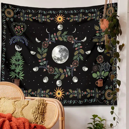 Black celestial moon phase floral tapestry with full moon, phases, sun motifs, and floral vines for bedroom decorbites decor