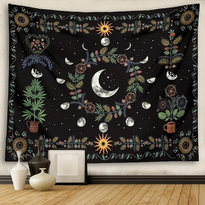 Black celestial moon phase floral tapestry featuring embroidered moons suns and muted pastel florals for bedroom decorbites celestial moon