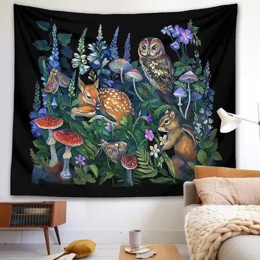 Black celestial mushroom botanical wall hanging tapestry with owl deer chipmunk and vibrant woodland flora design