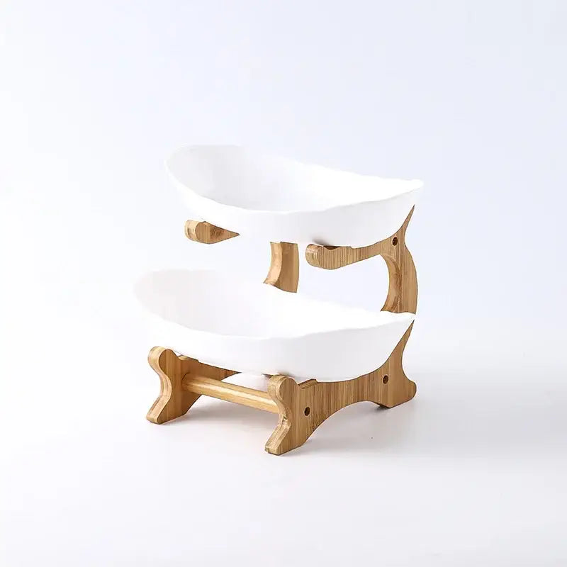 White ceramic table plates set with bamboo wood stand for dining room kitchen use in a ceramic and teal 3-layer design