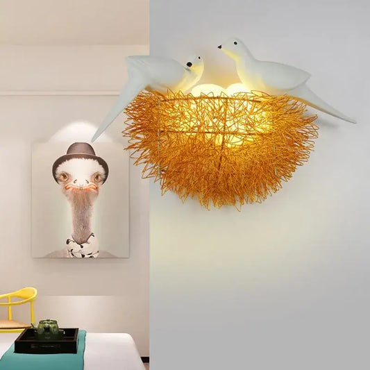 White ceramic bird wall lamp with woven golden nest design led wall lamp for bedroom sconce lighting