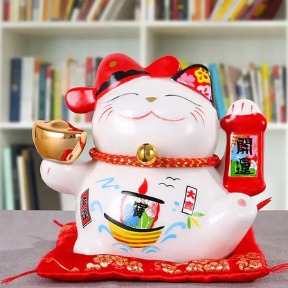 White ceramic maneki neko piggy bank with red hat gold coin and red scroll by decorbites ceramic maneki for decor