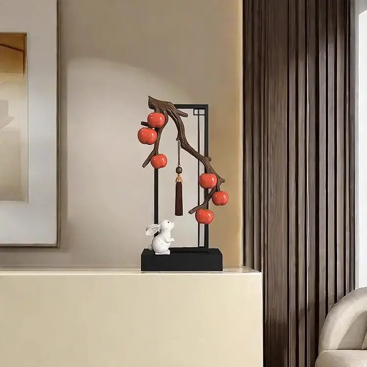 Decorative ceramic home decor set featuring a red persimmon branch and white rabbit for living room display