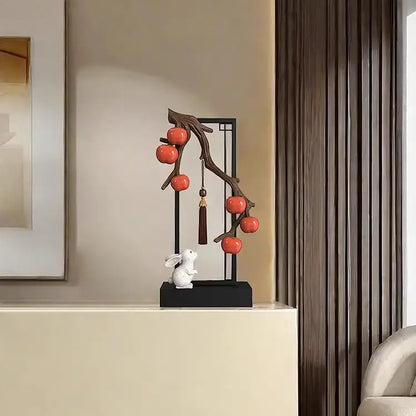 Decorative ceramic home decor set featuring a red persimmon branch and white rabbit for living room display