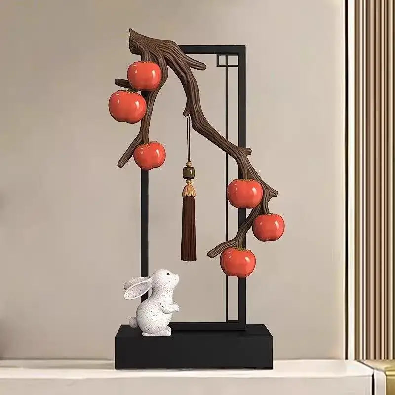 Ceramic red persimmon branch sculpture with glossy fruit and white speckled rabbit figurine home decor set for living room