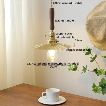 Brass pendant light with fluted copper shade and walnut handle featuring e27 led bulb for decorbites ceramic walnut copper decor