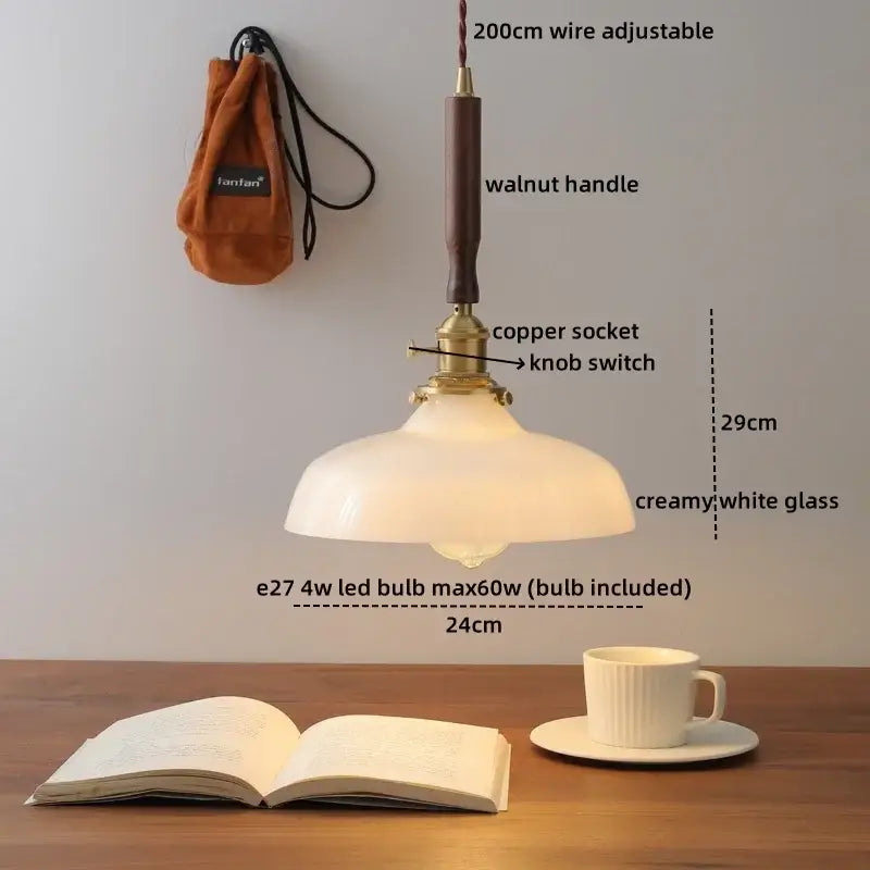 Ceramic walnut copper pendant light with creamy white glass shade and dark walnut handle by decorbites for bedroom decor