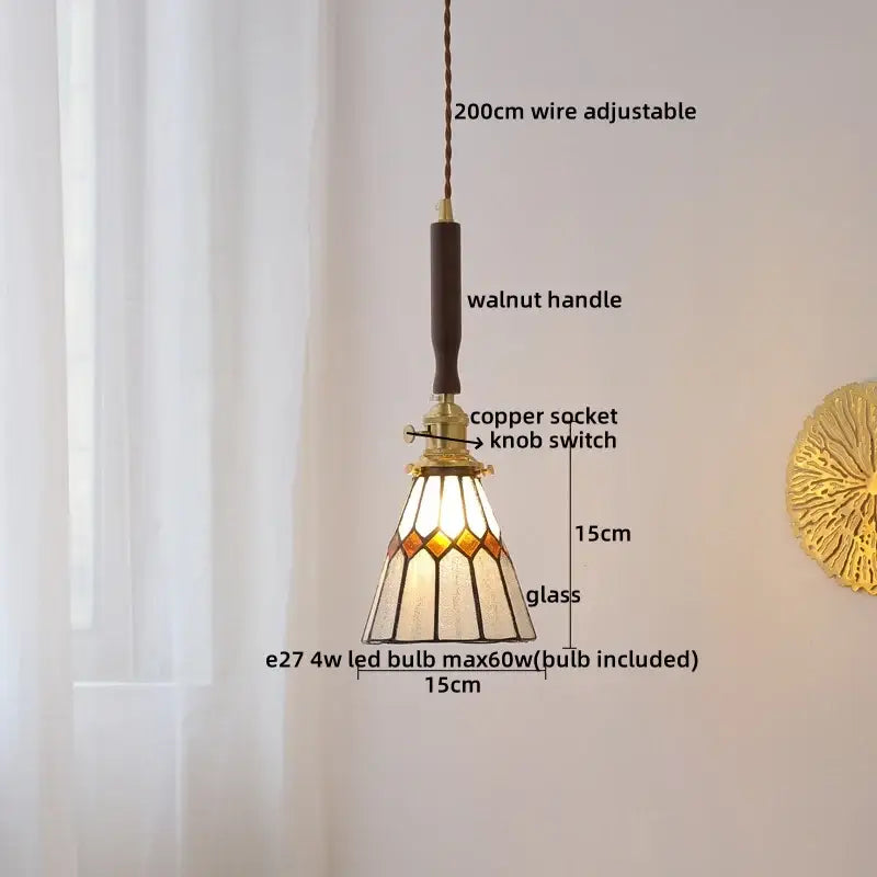 Ceramic walnut copper pendant light with amber stained glass shade and adjustable braided wire by decorbites ceramic walnut