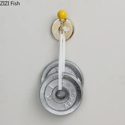 Ceramic yellow blue and red wall hooks storage organizer holding silver 1.5kg weight plates with white ribbon for decorbites colorful wall hooks