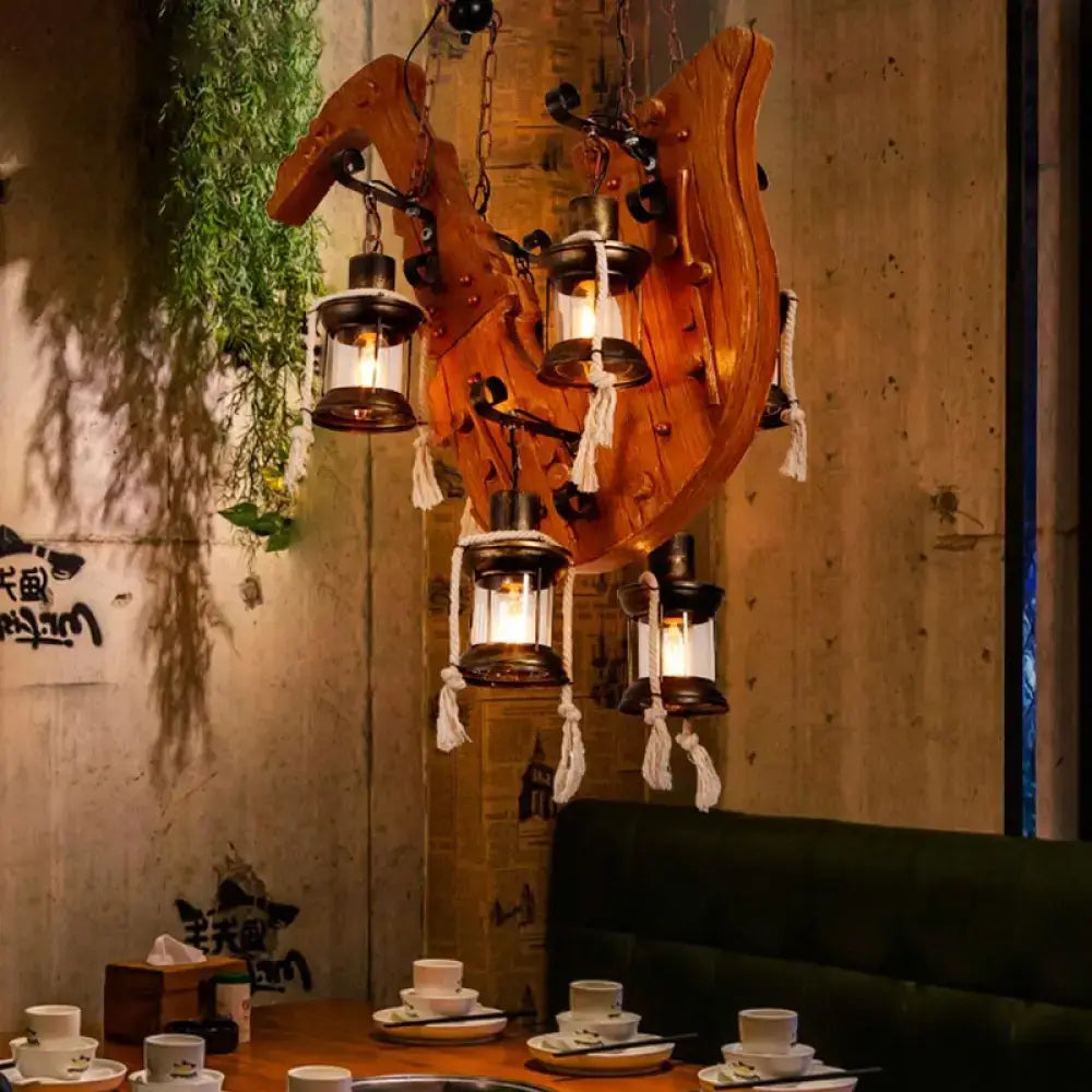 DecorBites™ rustic wooden horse-shaped chandelier with e26 e27 kerosene clear glass shades and white tassels for dining room