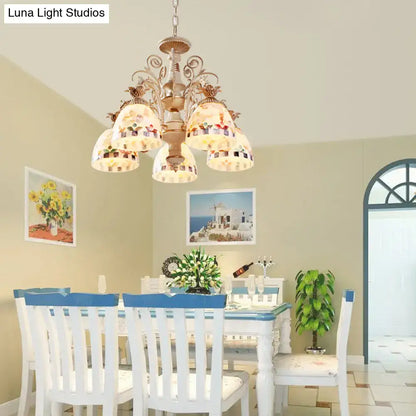 DecorBites 3/5 lights chandelier pendant light with antique brass and white stained glass tiffany style shades