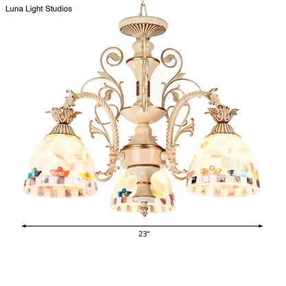 Beige and gold DecorBites 3 light chandelier pendant with tiffany style stained glass mosaic shades