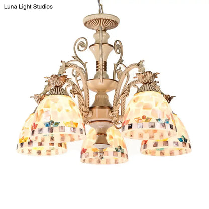 Beige and gold-toned DecorBites™ chandelier with five stained glass tiffany style mosaic shades pendant light