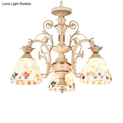 Beige ornate DecorBites™ chandelier pendant light with three colorful tiffany style stained glass mosaic shades