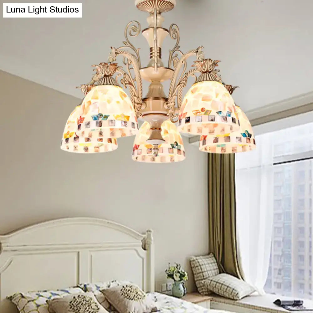 Decorbites 3/5 lights chandelier pendant light with white and gold tiffany style stained glass mosaic shades