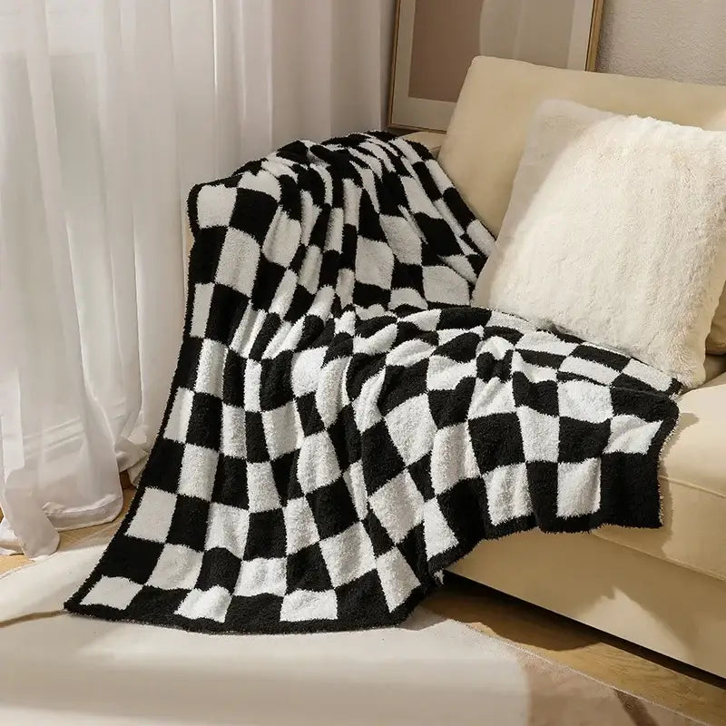 Black and white plush decorbites knit checkerboard blanket with fuzzy texture for bedroom and living room use