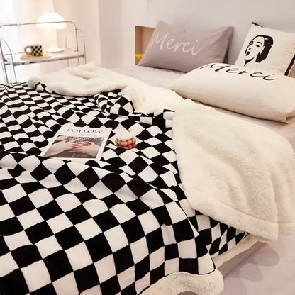 Black and white decorbites checkerboard lamb fleece blanket with plush cream sherpa lining for bedroom throw decor