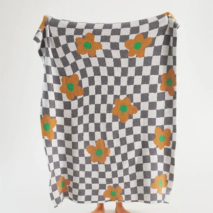 Cozy decorbites knitted blanket throws 130x160cm with black and white checkerboard pattern and orange floral accents